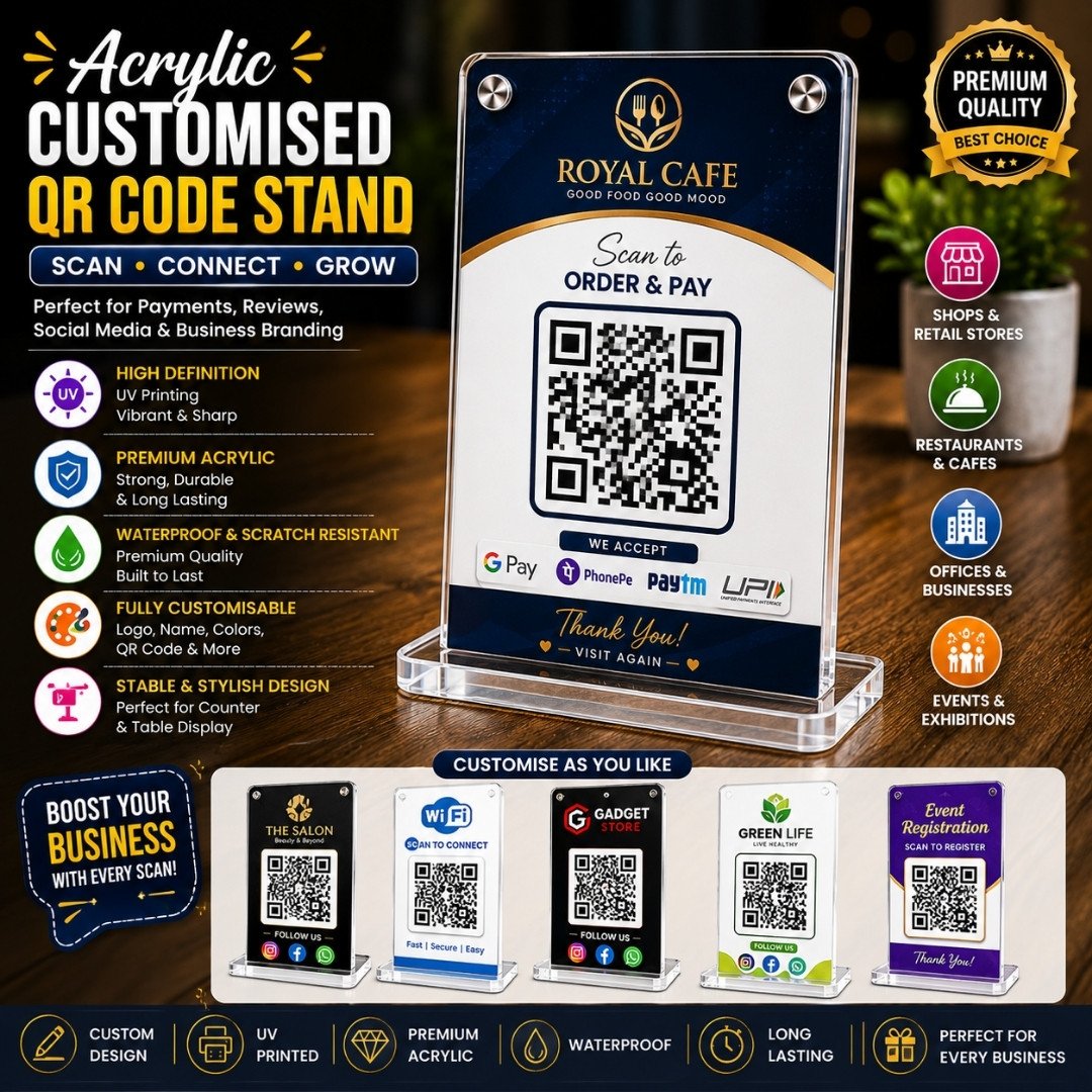 Promotional infographic for acrylic customised QR code stands, showing a clear acrylic stand with a QR code and features list (UV printing, premium acrylic, waterproof, fully customizable) and sample designs for shops, restaurants, offices, and events.
