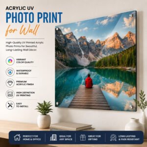 Advertisement for acrylic UV photo prints for wall, showing a person in a red jacket on a dock facing a mountain lake; left side lists benefits, and a blue bottom bar highlights home/office use, any space, gifting, and fade resistance.