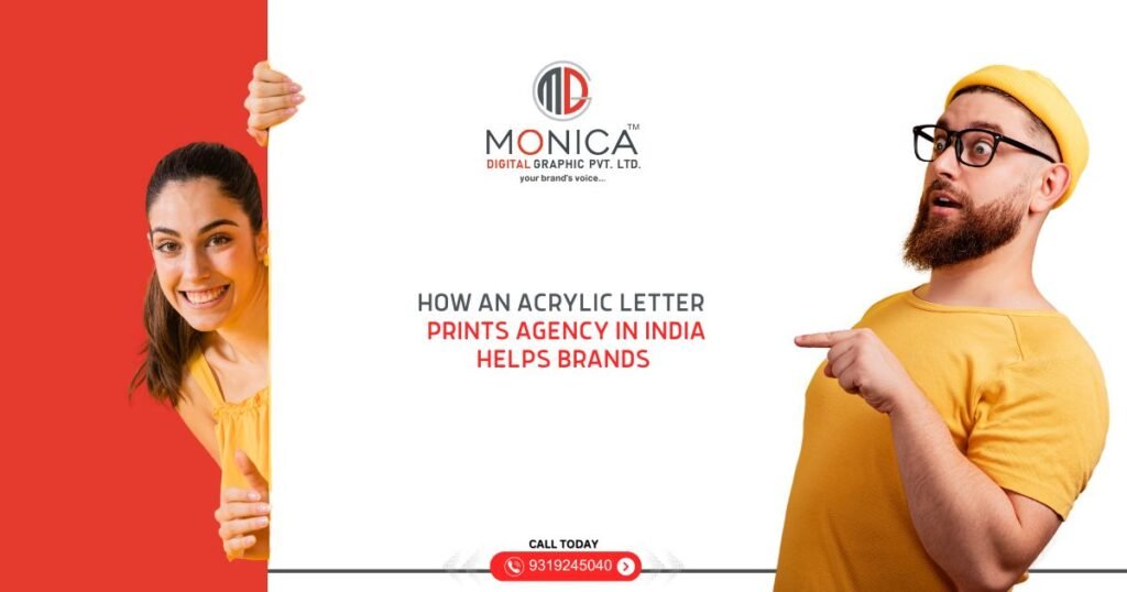 Woman peeking from a red panel on the left and a man in a yellow shirt pointing at a white banner with the Monica logo and the acrylic letter prints headline.