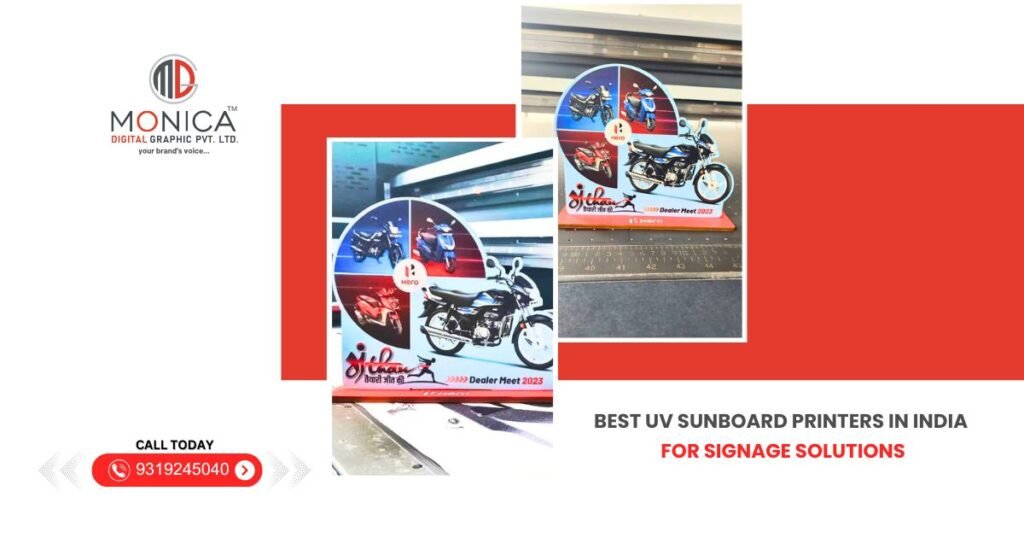 Marketing banner for Monica Digital Graphic includes two UV sunboard prints with motorcycles, bold red geometric shapes, and a signage services message.